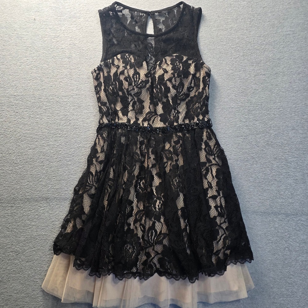 B Darlin Party Dress Girls Size 7/8 Black Lace Fit Flare Sleeveless Nude Lined